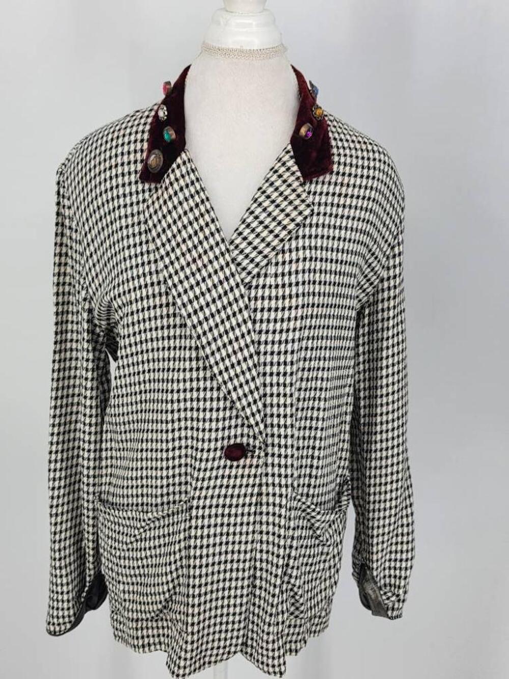 Judy Knapp Vintage Womens Medium Blazer Fits Larger Houndstooth Jeweled Velvet